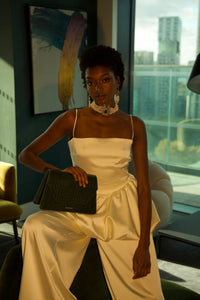 Cream Pleated Wide Leg Silk Satin Pants - NALÈ