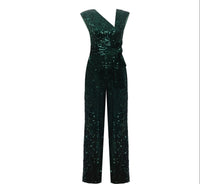 Green Velvet Sequin Jumpsuit with Satin Lining and Detachable Belt - NALÈ