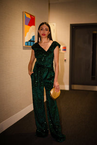 Green velvet sequin jumpsuit with silk satin lining and detachable belt - NALÈ