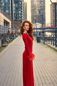 Scarlett Red Silk Satin Backless Dress With Feather Trim - NALÈ