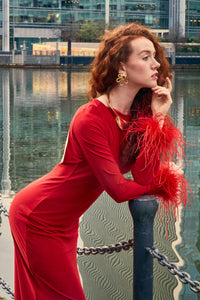 Scarlett Red Silk Satin Backless Dress With Feather Trim - NALÈ