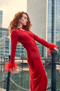 Scarlett Red Silk Satin Backless Dress With Feather Trim - NALÈ