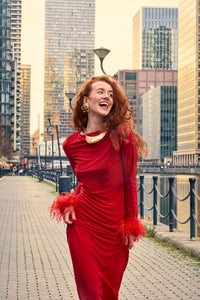 Scarlett Red Silk Satin Backless Dress With Feather Trim - NALÈ