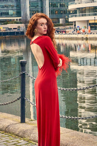 Scarlett Red Silk Satin Backless Dress With Feather Trim - NALÈ