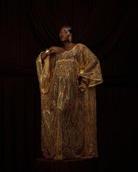 Gold bead and sequin detail on the Adaorah Kaftan by NALÈ