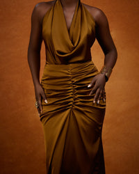 The Aku Set — Bronze Satin Cowl Halter & Ruched Maxi Skirt - NALÈ