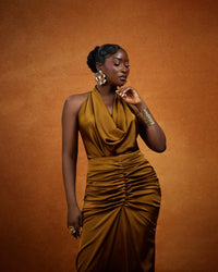 The Aku Set — Bronze Satin Cowl Halter & Ruched Maxi Skirt - NALÈ