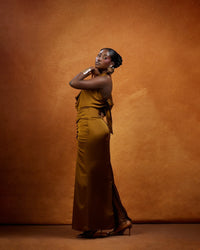 The Aku Set — Bronze Satin Cowl Halter & Ruched Maxi Skirt - NALÈ