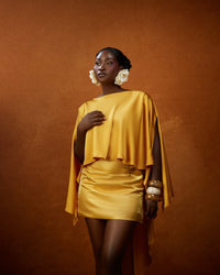 The Oma Cape Top — Gold Satin Draped Cape Top - NALÈ