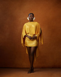 The Oma Cape Top — Gold Satin Draped Cape Top - NALÈ