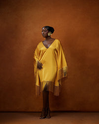 The Yanga Fringe Dress — Mustard Satin Open - Back Midi - NALÈ