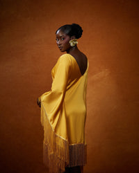 The Yanga Fringe Dress — Mustard Satin Open - Back Midi - NALÈ