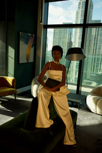 Cream Silk Satin Blouse and Flare Pants Set - NALÈ