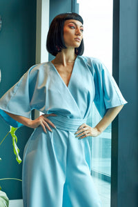 Envelope V-Neck Wide Leg Jumpsuit - Blue - NALÈ