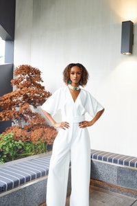 Envelope V-Neck Wide Leg Jumpsuit - White - NALÈ