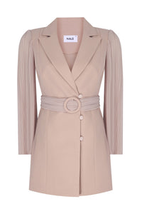 Pleated Sleeves Blazer Dress & Palazzo Wide Leg Trouser Suit - Beige - NALÈ