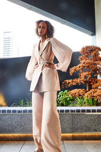 Pleated Sleeves Blazer Dress & Palazzo Wide Leg Trouser Suit - Beige - NALÈ