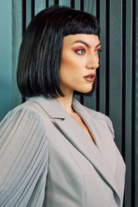 Pleated Sleeves Blazer Dress & Palazzo Wide Leg Trouser Suit - Grey - NALÈ