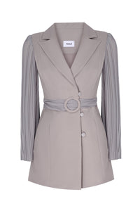 Pleated Sleeves Blazer Dress & Palazzo Wide Leg Trouser Suit - Grey - NALÈ