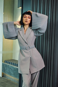 Pleated Sleeves Blazer Dress & Palazzo Wide Leg Trouser Suit - Grey - NALÈ