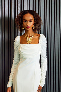 Ruched Sleeves Bodycon Dress - White - NALÈ