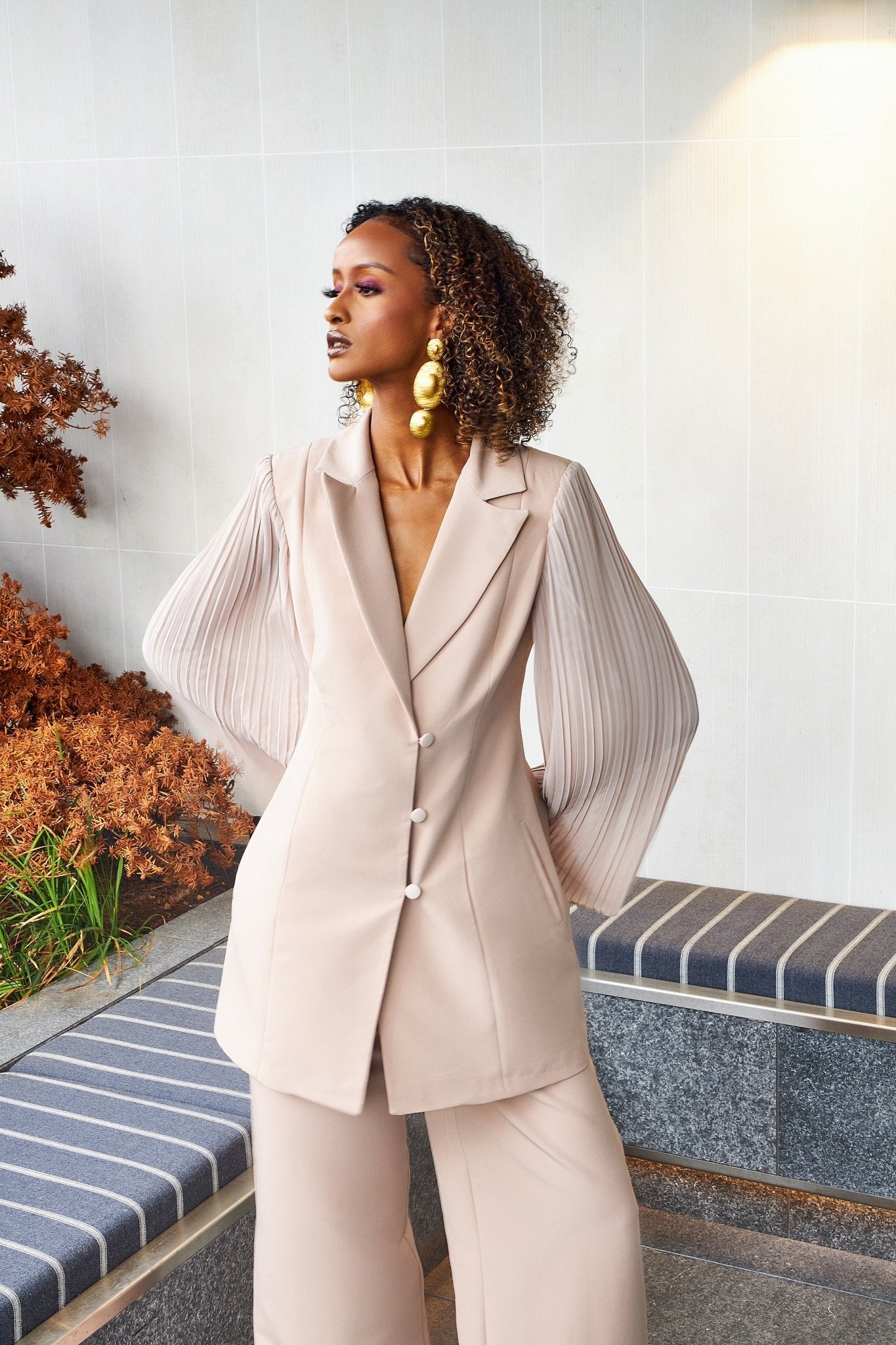 Pleated Sleeves Blazer Dress & Palazzo Wide Leg Trouser Suit - Beige