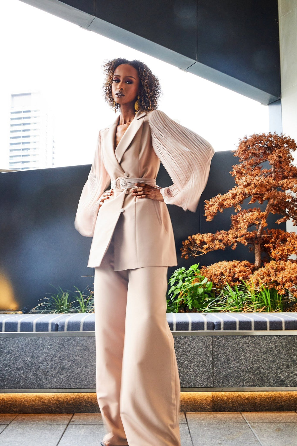 Beige Pleated Sleeves Blazer Dress & Palazzo Suit