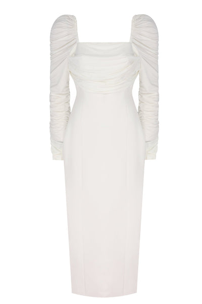 White Ruched Sleeves Bodycon Dress